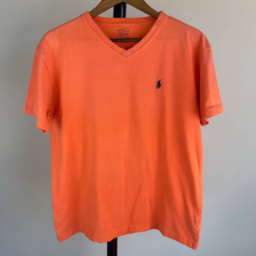Polo Ralph Lauren Mens Small Orange V-Neck T-Shirt Short Sleeve Cotton Pony Logo